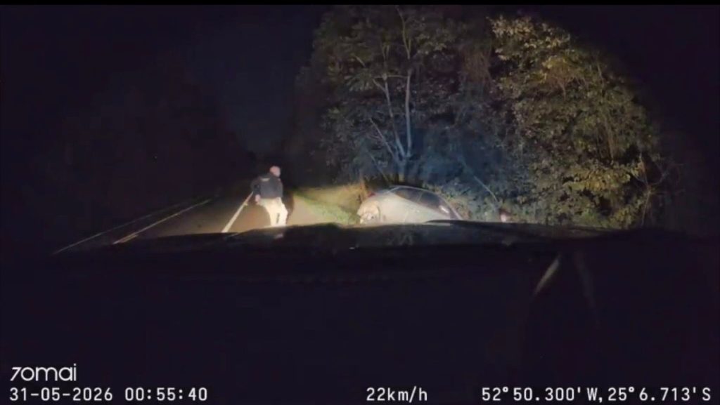 Guaraniaçu: Motorista em fuga joga carro contra viatura e quase causa colisões frontais na BR-277