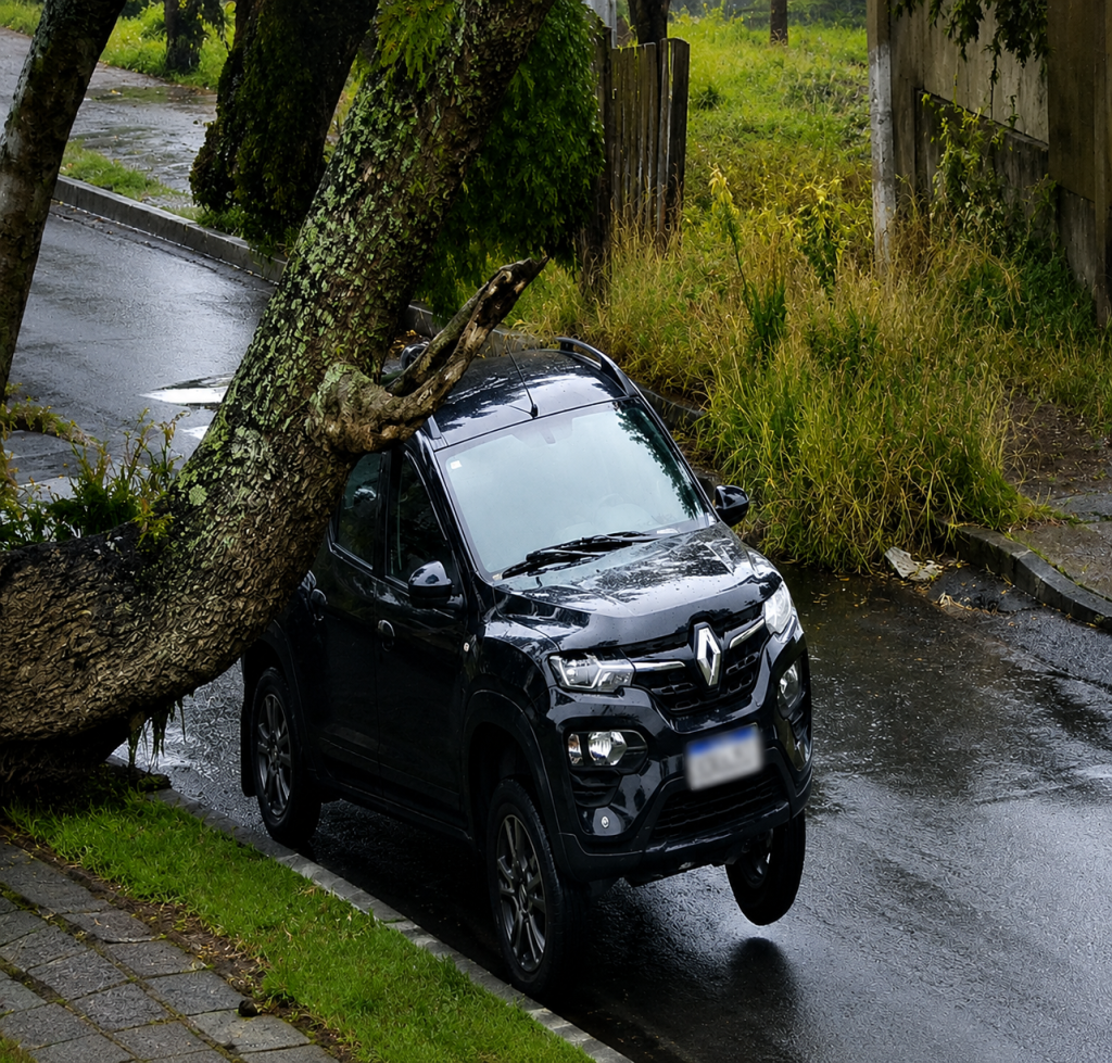 Árvore cai sobre carro no Água Verde durante forte temporal na capital