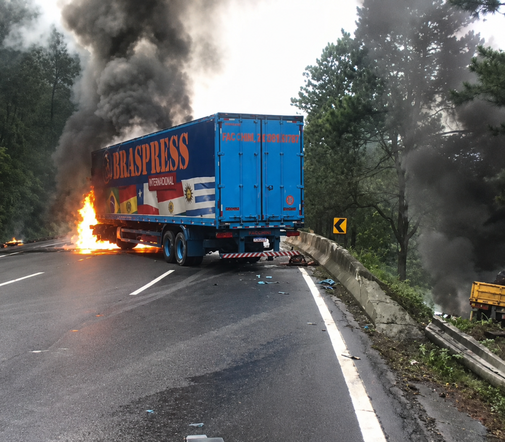 Trânsito e Rodovias: Acidente entre duas carretas com incêndio interdita a BR-116 em Campina Grande do Sul